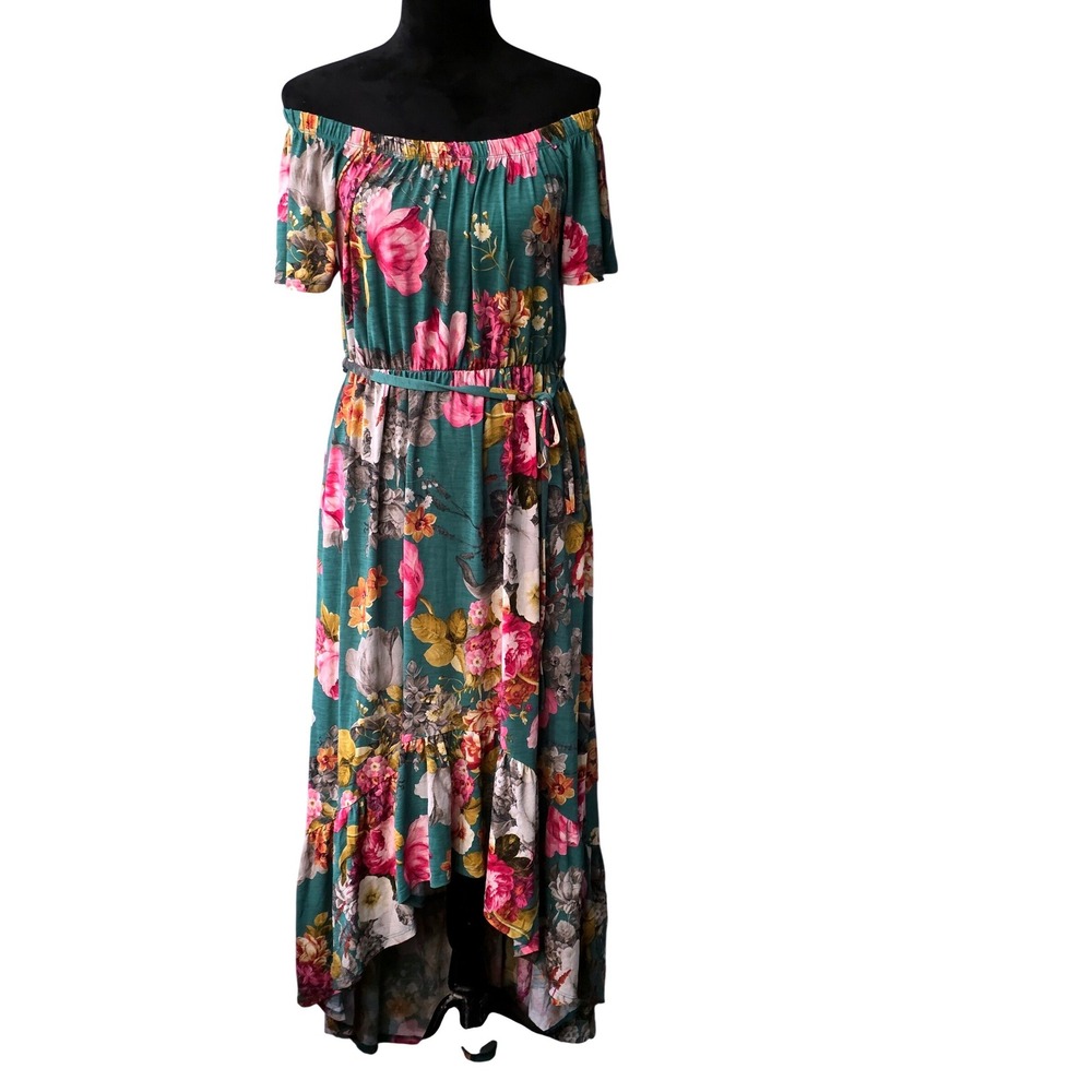 Annabelle Womens Teal Pink Floral Off Shoulder High Low Ruffle Maxi Dress L A5